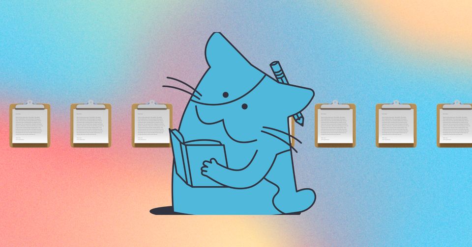 Drawing of a Cat thinking with clipboard emojis in the background on a color gradient background.