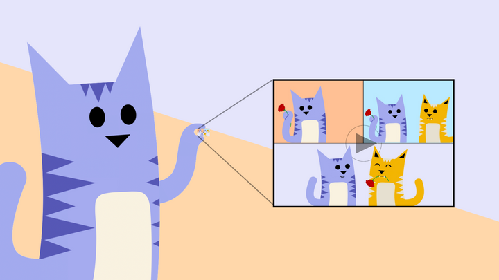 Illustration of a Kit, our mascot, shrinking down a video to a smaller size.