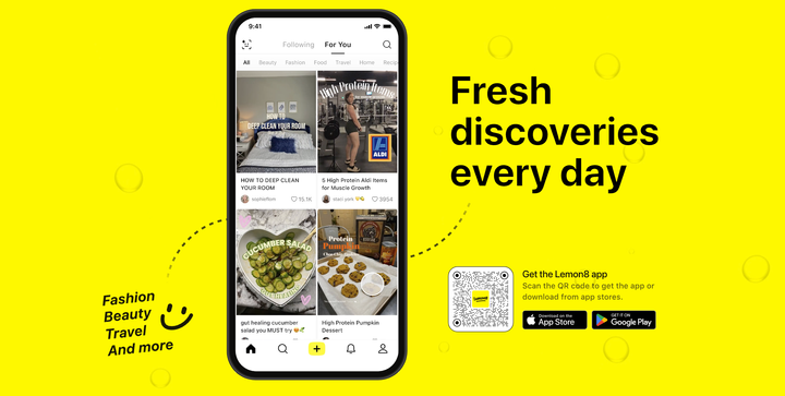 Lemon8 mobile app displayed on a phone with a bright yellow background