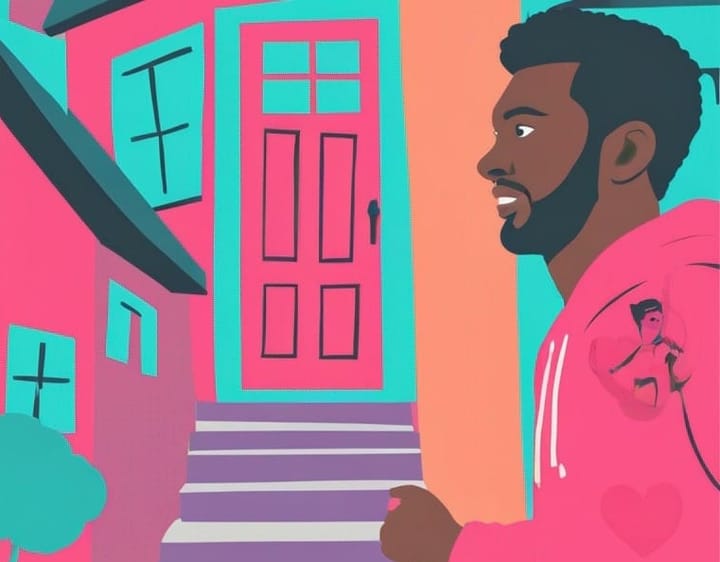 Suspect Challenge illustration showing a man run past a house door while wearing a pink hoodie